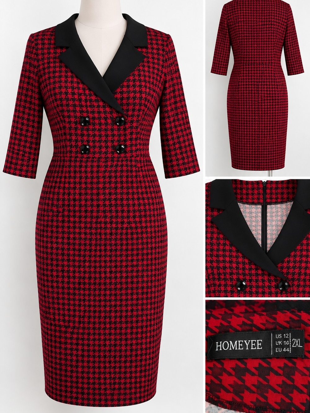 HOMEYEE Red Houndstooth Midi Dress with Black Lapel